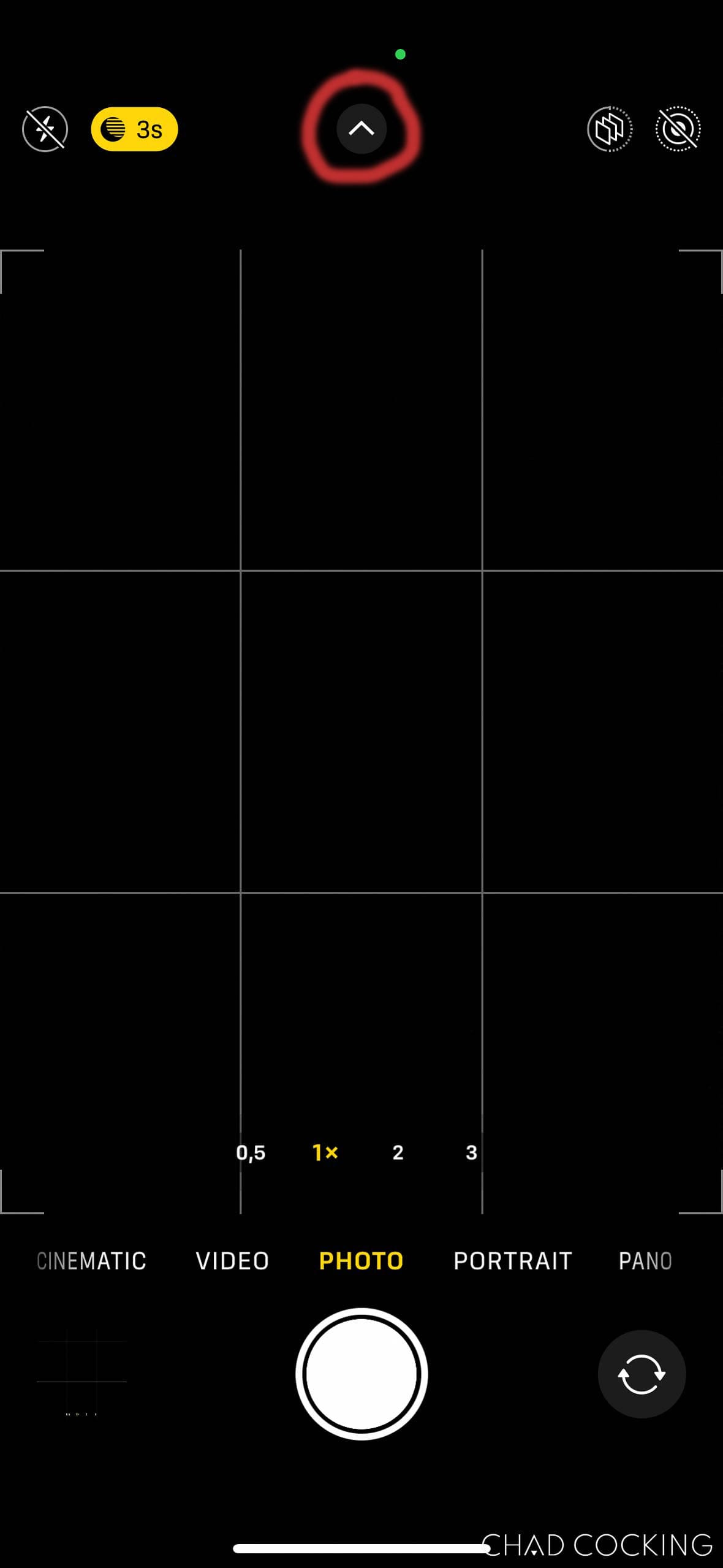 iPhone camera interface showing the arrow icon that expands additional camera settings.