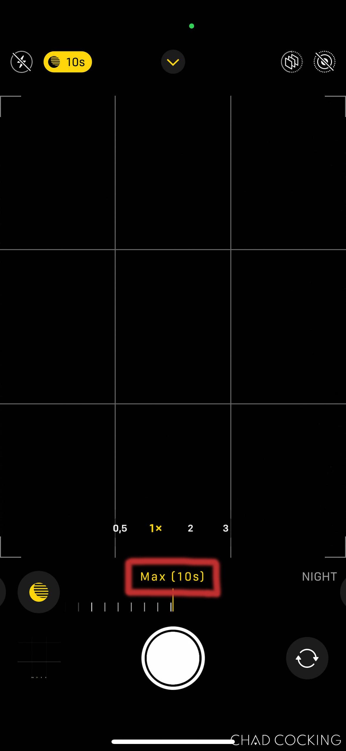 Night mode slider set to maximum 10 seconds on an iPhone camera.