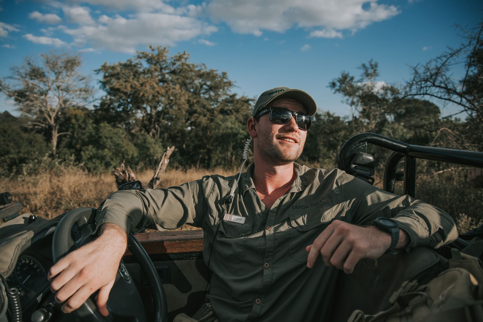 Field guide Tristan Allan-Reynolds resting during a game drive at Tanda Tula in the Timbavati.